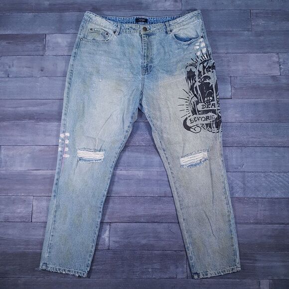 ED HARDY Death‎ Before Dishonor Logo Distressed Denim Jeans Y2K Mens Size 40x31
